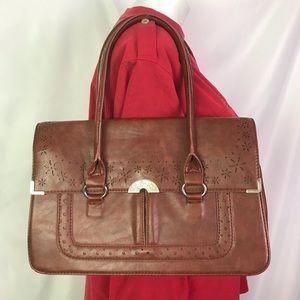 NICA BROWN FAUX LEATHER FLORAL CUT-OUT HANDBAG